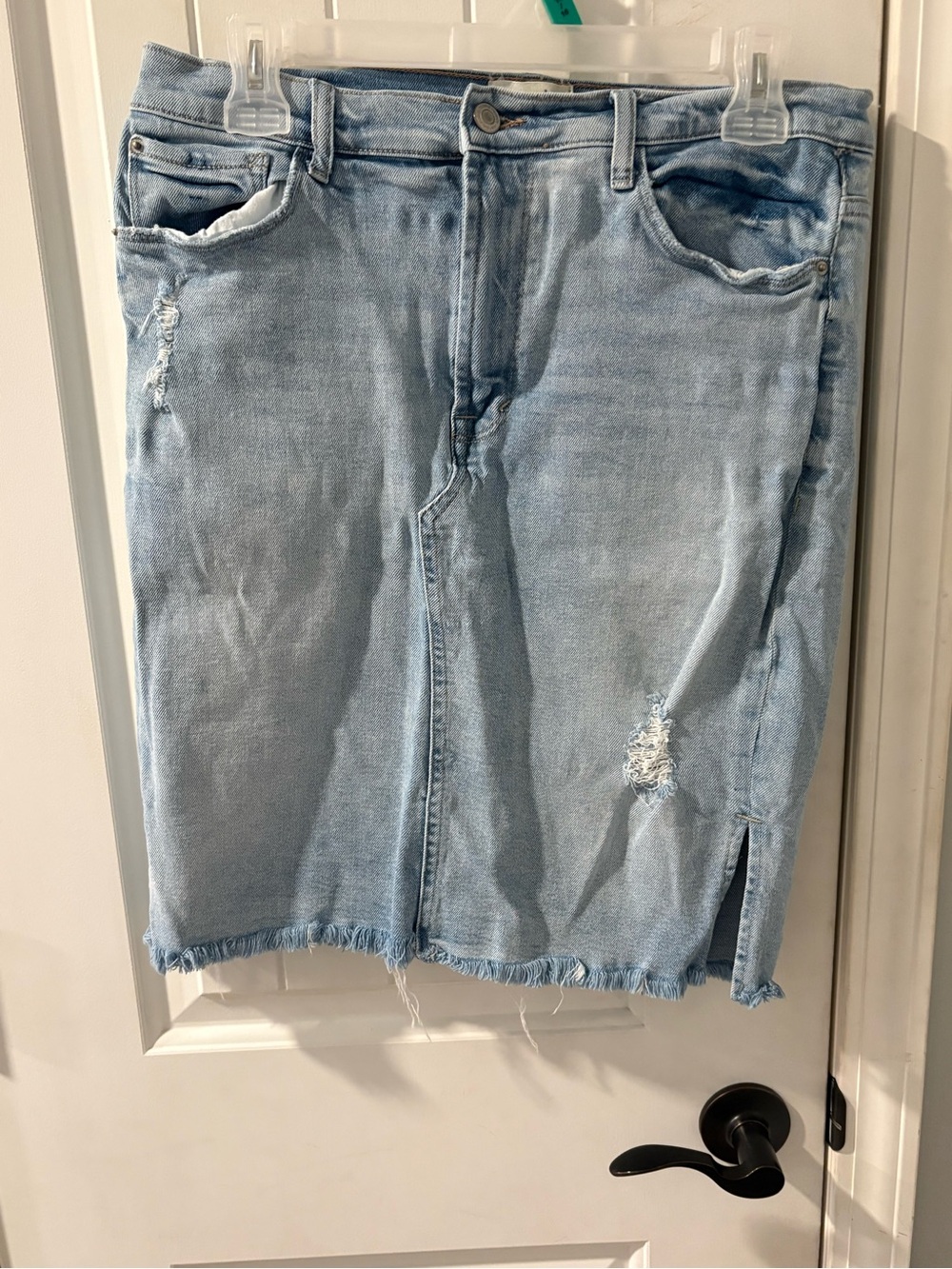 Kensie Light Blue Distressed Denim Midi Skirt
